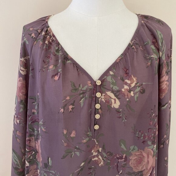 Chaps Sheer Peasant Top Blouse Size XL Petite Purple Floral Whimsigoth Fairy - Picture 2 of 11